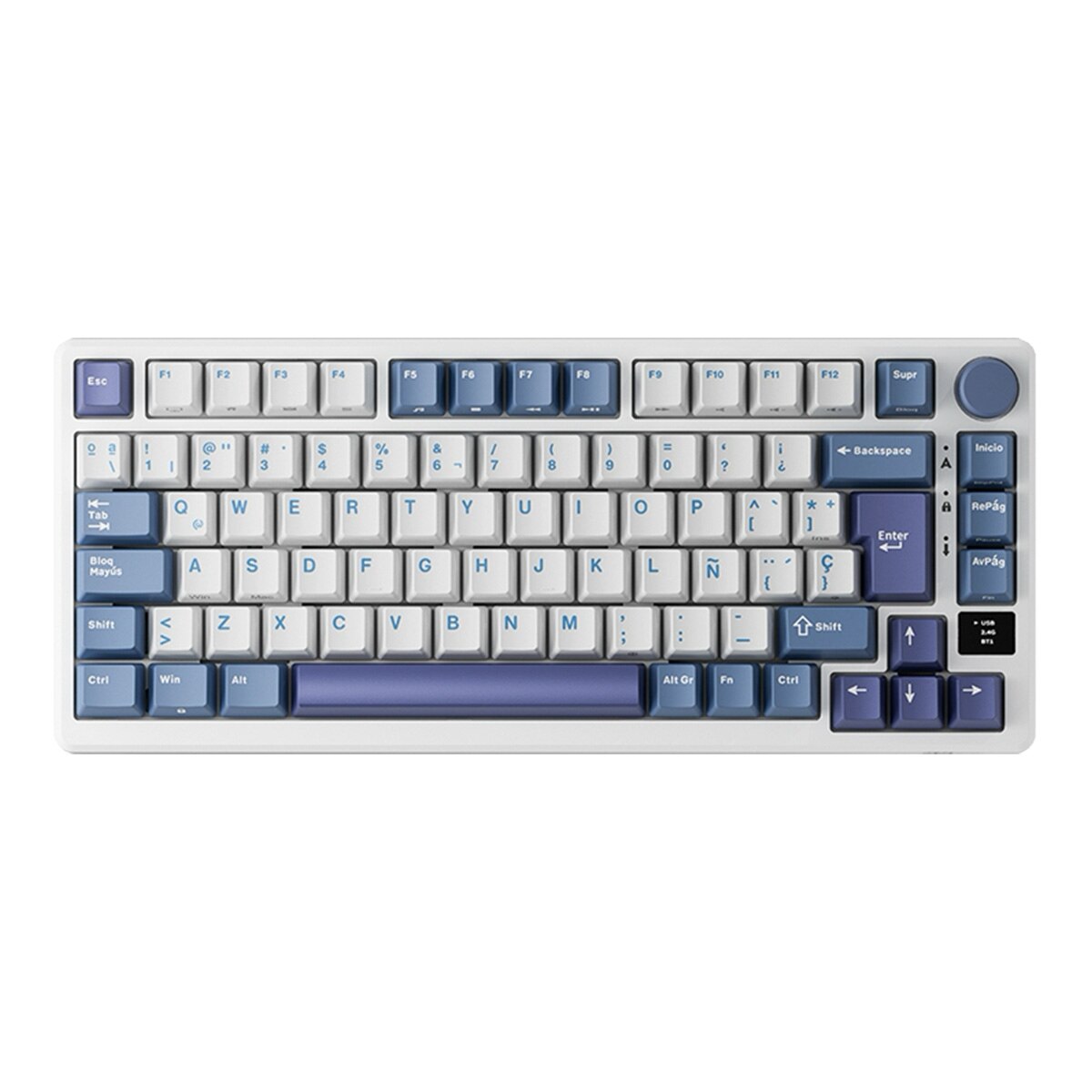 Teclado para Mac y Windows Royal Kludge RKM75 RGB ISO-ES Hot-Swappable Switch Silver Speed Wireless Taro Milk Blanco / Azul-2