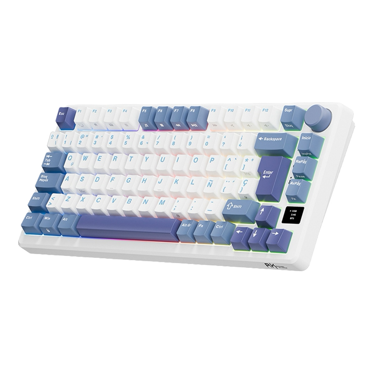 Teclado para Mac y Windows Royal Kludge RKM75 RGB ISO-ES Hot-Swappable Switch Silver Speed Wireless Taro Milk Blanco / Azul-3