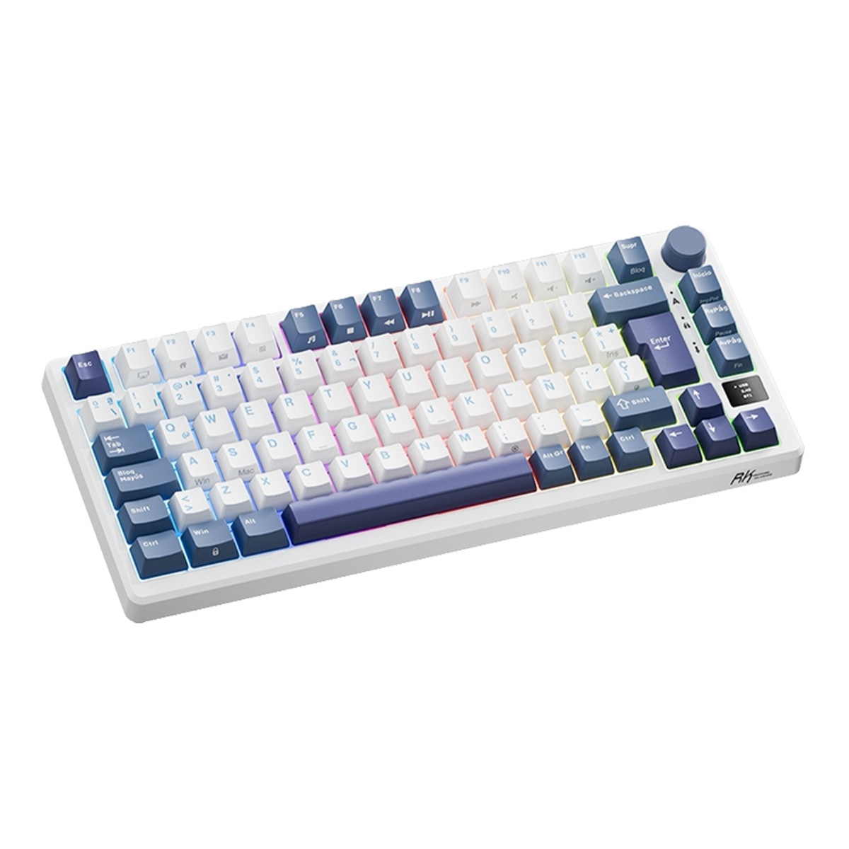 Teclado para Mac y Windows Royal Kludge RKM75 RGB ISO-ES Hot-Swappable Switch Silver Speed Wireless Taro Milk Blanco / Azul-4