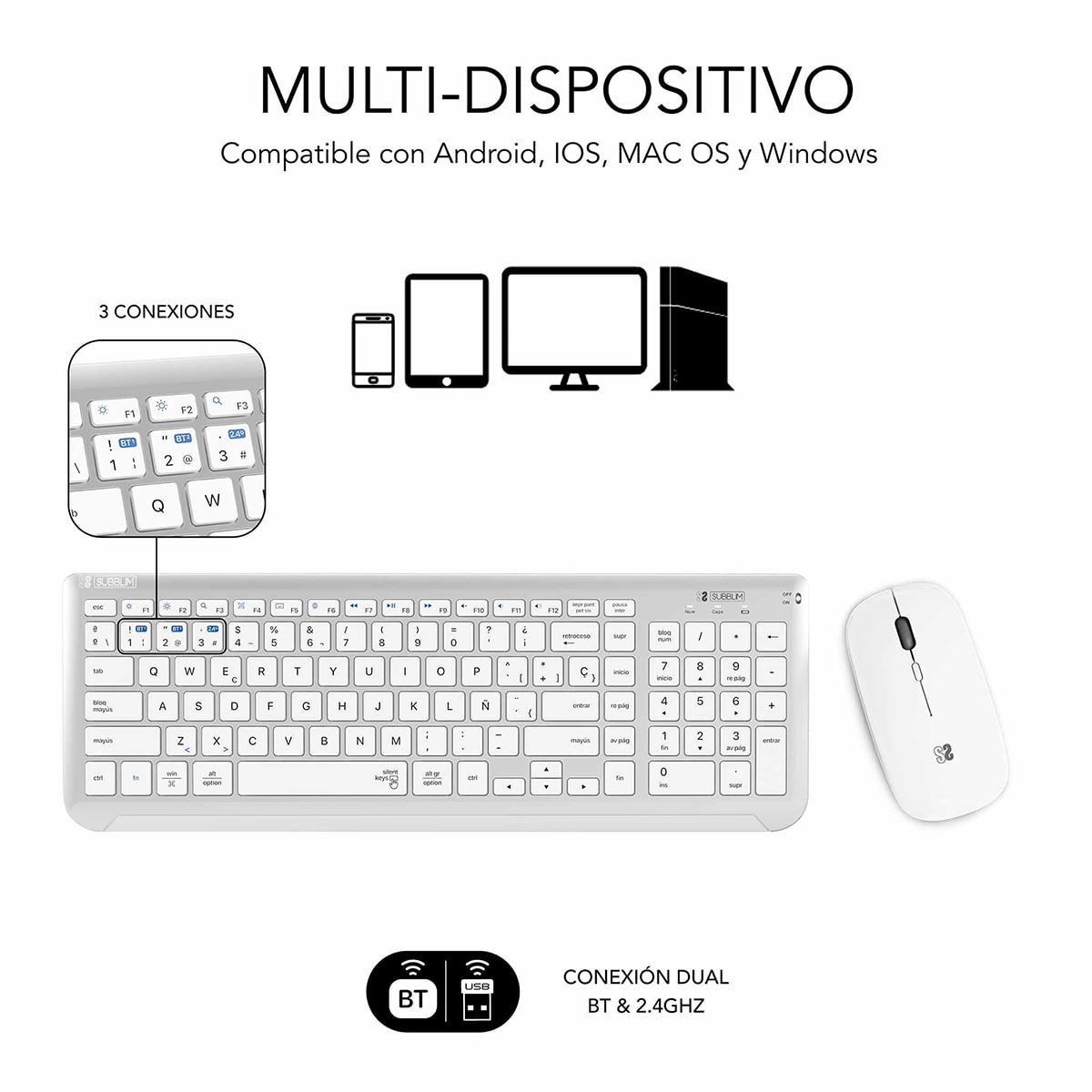 Teclado y ratón inalámbricos Subblim Combo Dual Prestige multidispositivo Plata-4