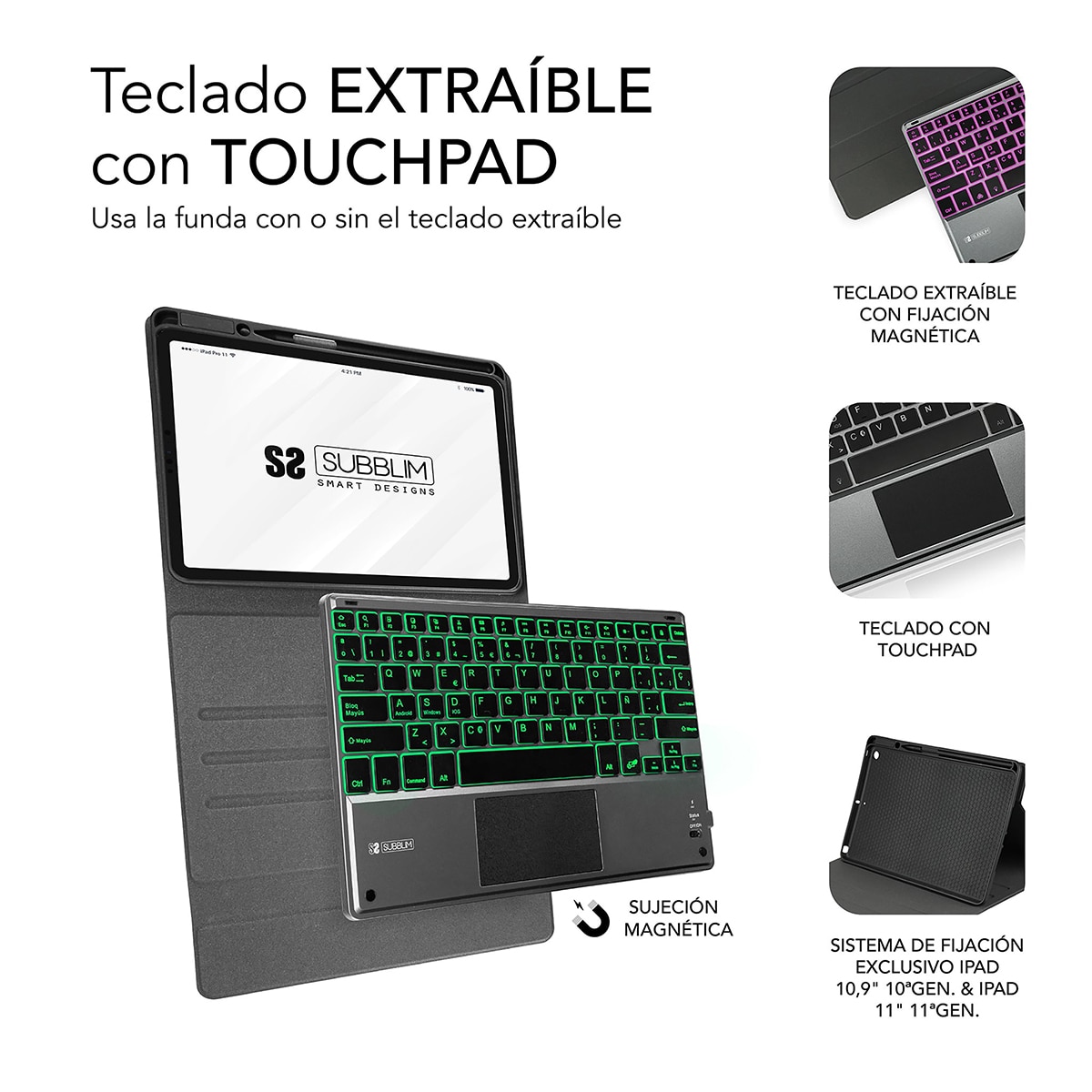 Teclado Bluetooth con funda Subblim Keytab Pro para iPad 11" / 10,9" Negro-3