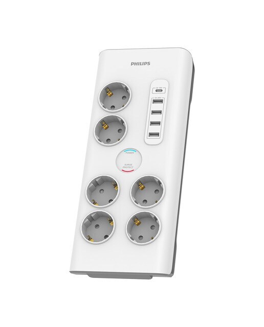 Regleta de protección Philips SPN7060WA, 6 enchufes y 5 USB