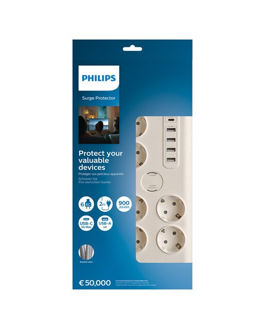 Regleta de protección Philips SPN7060WA, 6 enchufes y 5 USB Blanco-2
