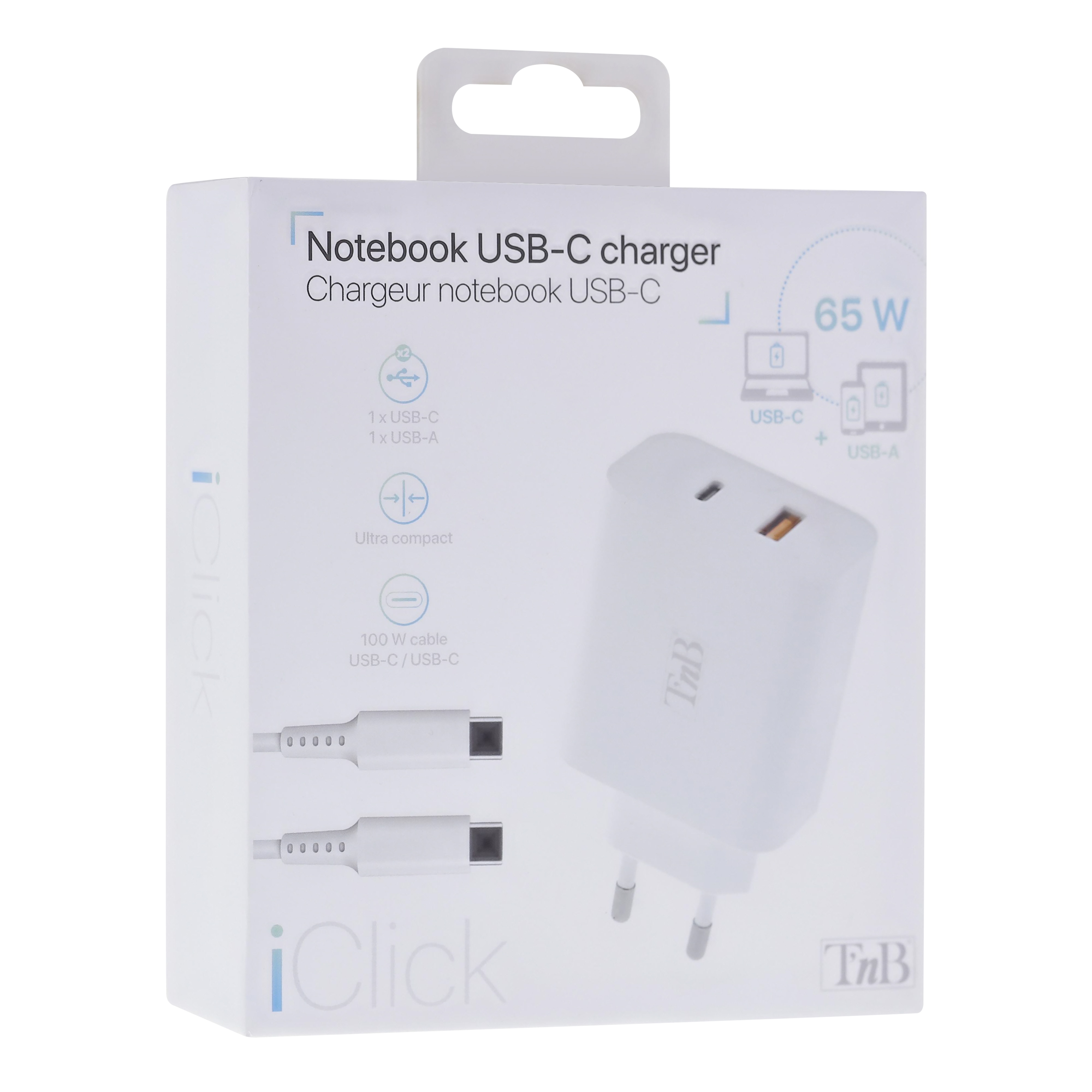 Cargador compacto T'nB iClick 65 W / 19 V para dispositivos con USB-C Blanco-2