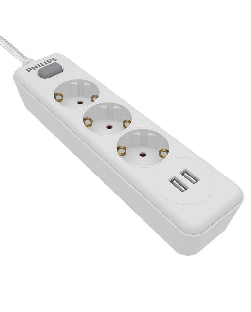 Regleta Philips SPN3032WA, 3 enchufes y 2 USB Blanco-2