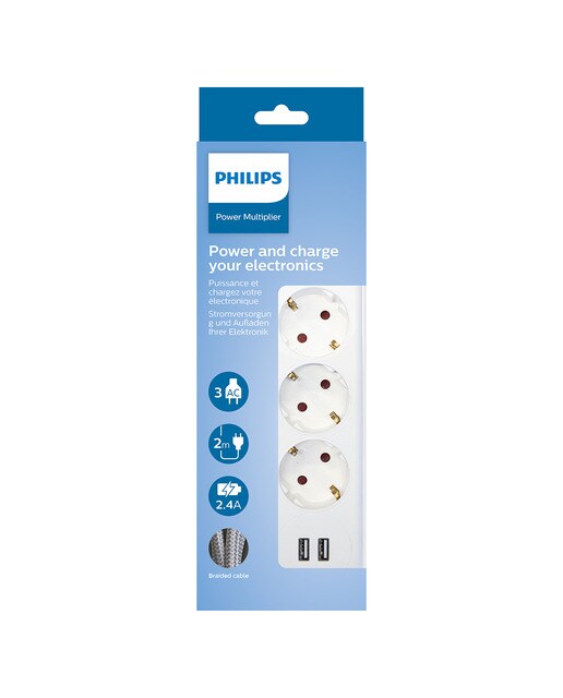 Regleta Philips SPN3032WA, 3 enchufes y 2 USB Blanco-4
