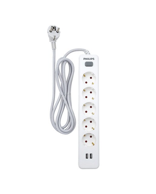 Regleta Philips SPN3052WA, 5 enchufes y 2 USB Blanco-1