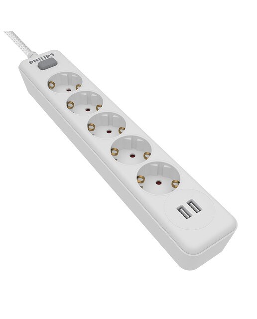 Regleta Philips SPN3052WA, 5 enchufes y 2 USB Blanco-2
