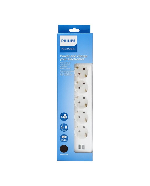 Regleta Philips SPN3052WA, 5 enchufes y 2 USB Blanco-3