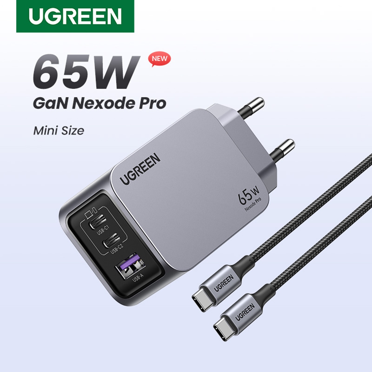 Cargador USB-C UGREEN Nexode Pro 65W GaN, 3 puertos con carga rápida Gris-2