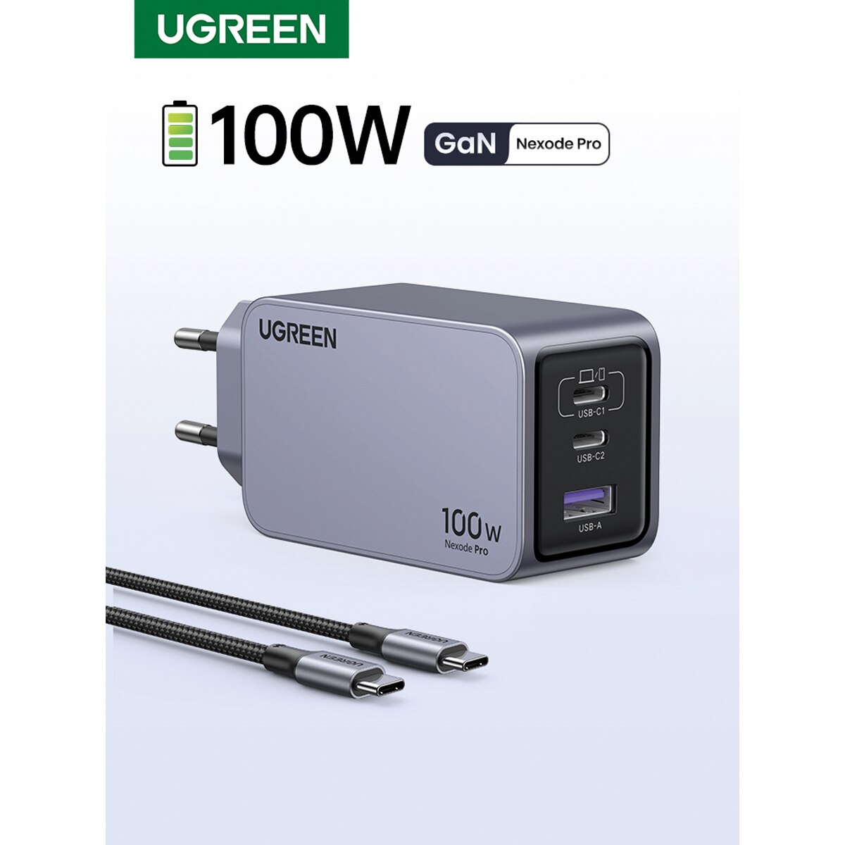 Cargador USB-C UGREEN Nexode Pro 100W GaN, 3 puertos con carga rápida Gris-2