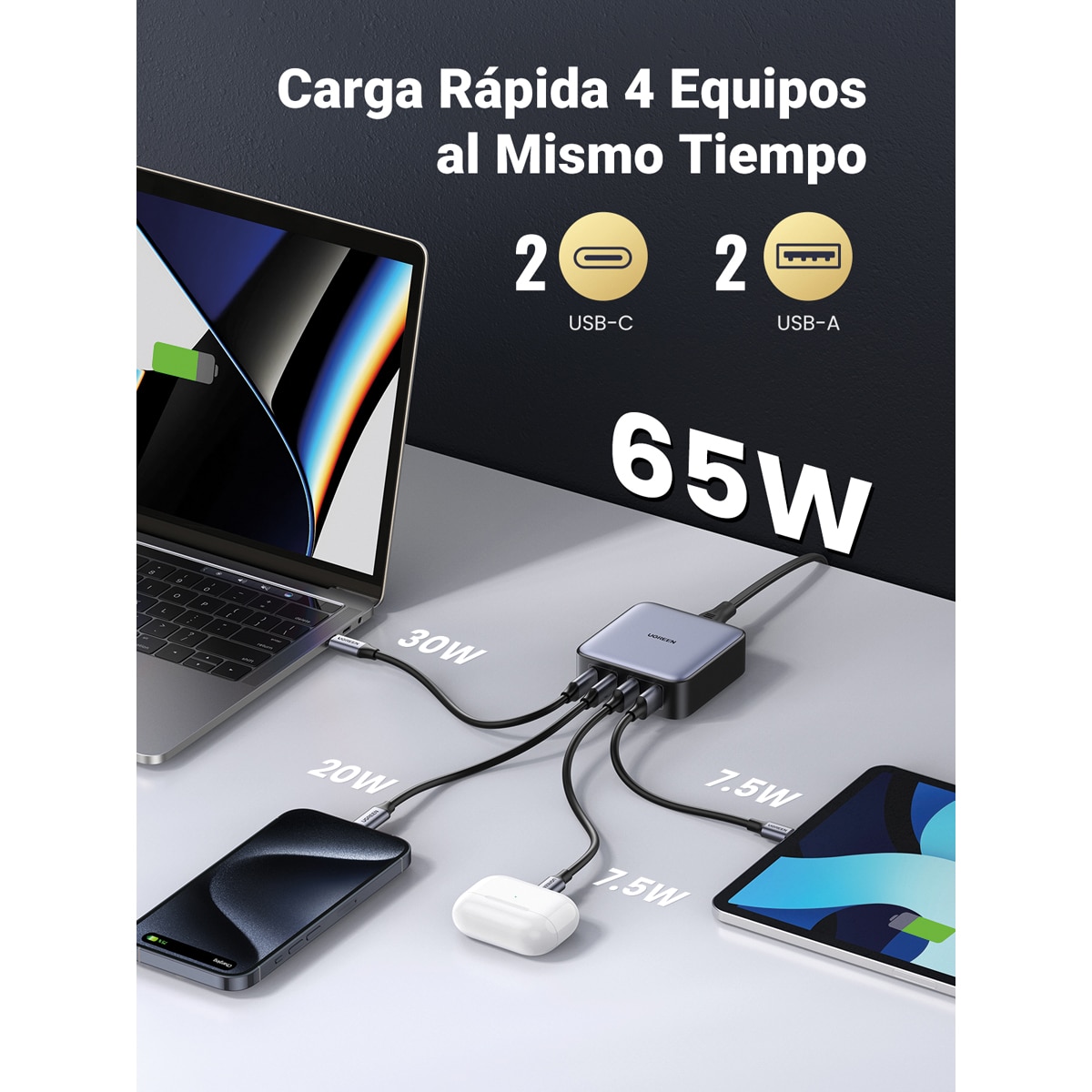 Cargador con cable de alimentación de 2 metros UGREEN Nexode 65W GaN, 4 puertos con carga rápida Negro-2