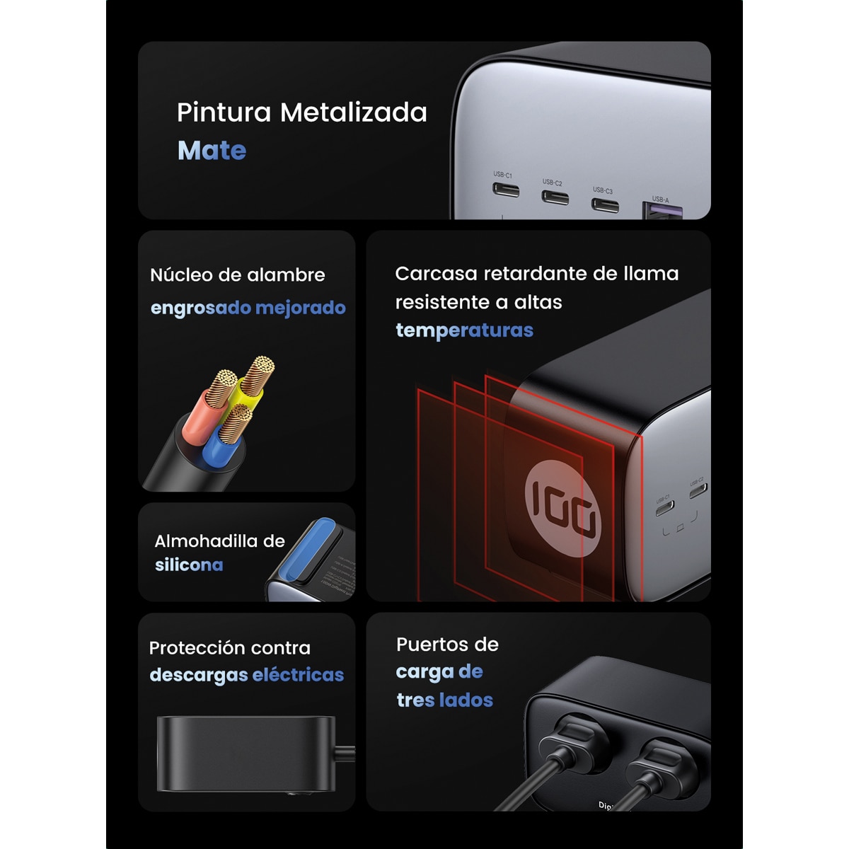 Estación de carga potente UGREEN DigiNest Pro USB-C 100 W hasta tomas CA de 3680 W con carga rápida Negro-3