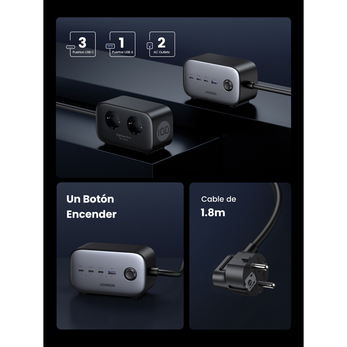 Estación de carga potente UGREEN DigiNest Pro USB-C 100 W hasta tomas CA de 3680 W con carga rápida Negro-5