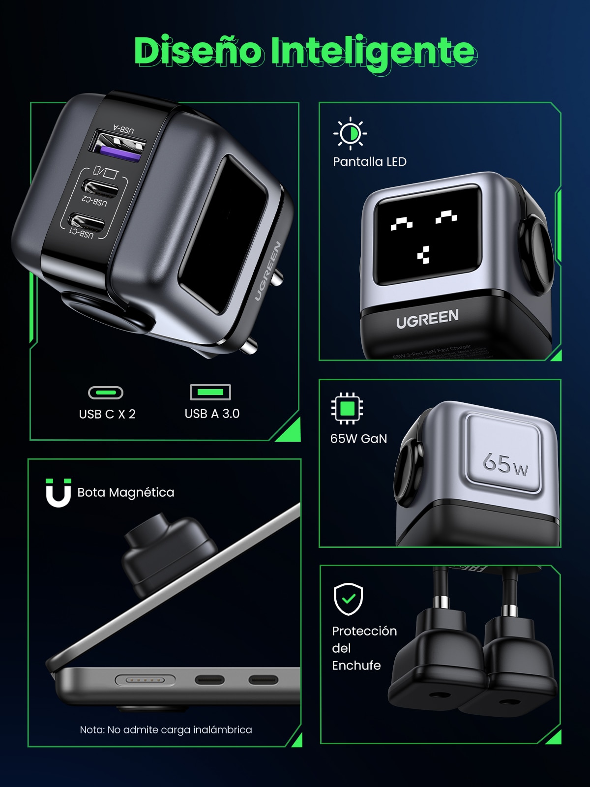 Cargador Ugreen Nexode Robot 65W GaN con 3 puertos: 2 USB-C y 1 USB-A con carga rápida, negro Negro-4