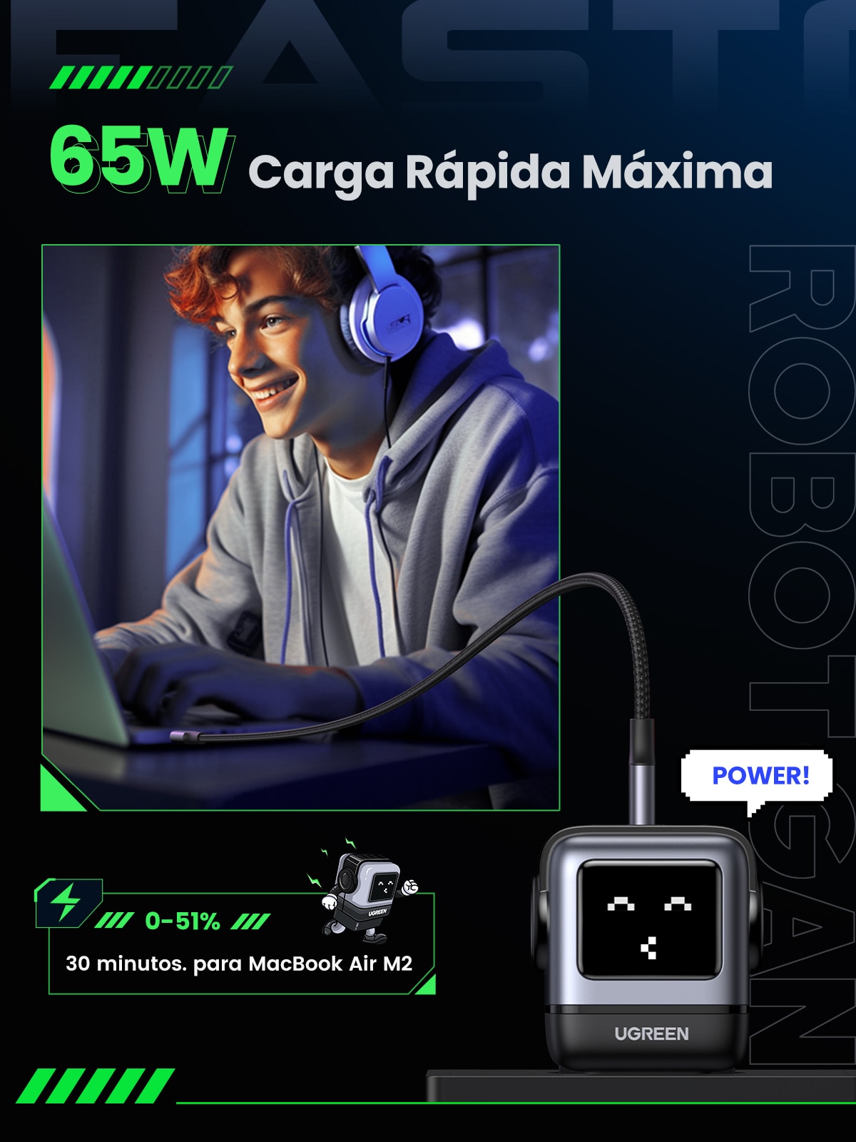 Cargador Ugreen Nexode Robot 65W GaN con 3 puertos: 2 USB-C y 1 USB-A con carga rápida, negro Negro-5