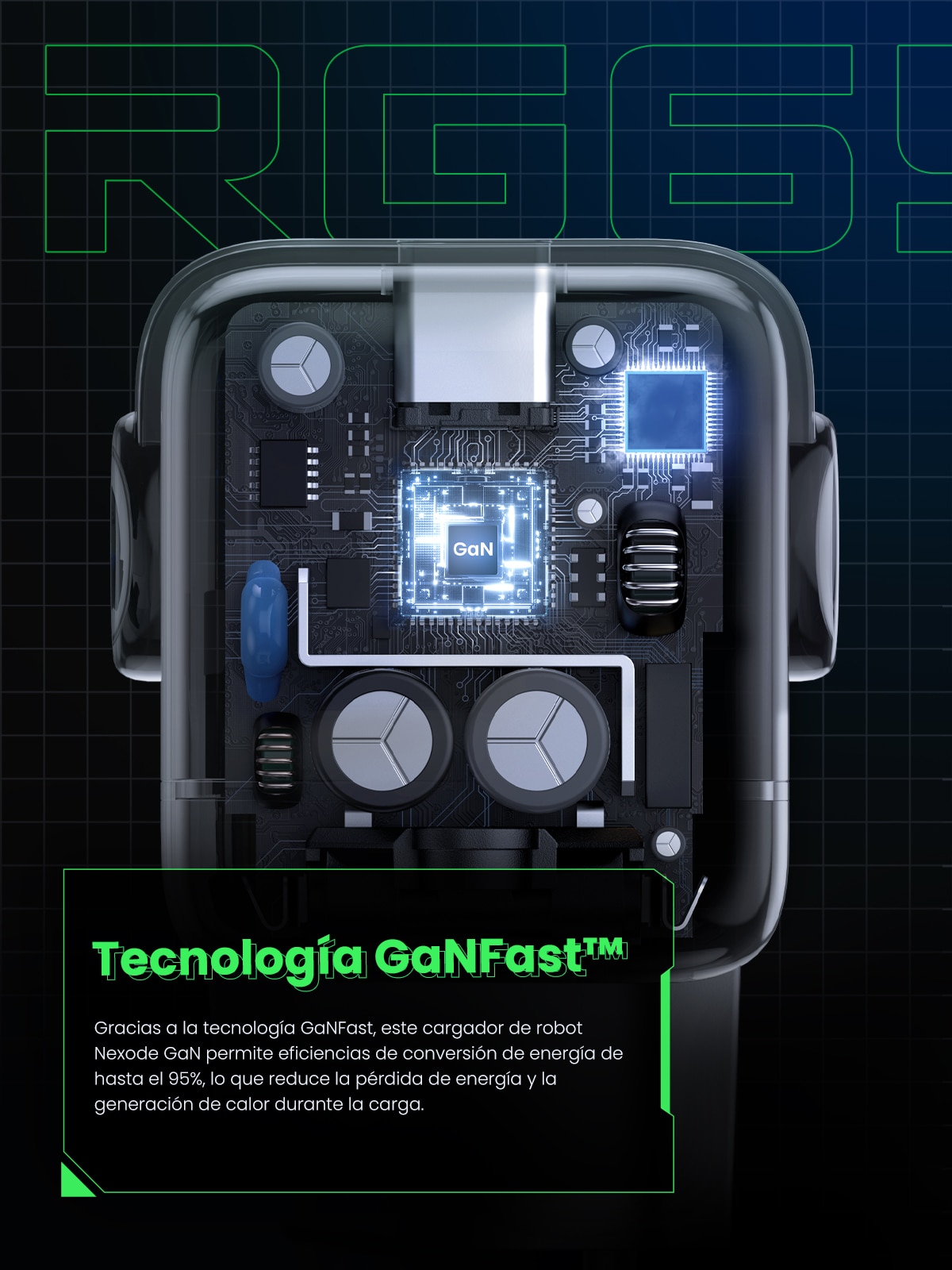 Cargador Ugreen Nexode Robot 65W GaN con 3 puertos: 2 USB-C y 1 USB-A con carga rápida, negro Negro-7