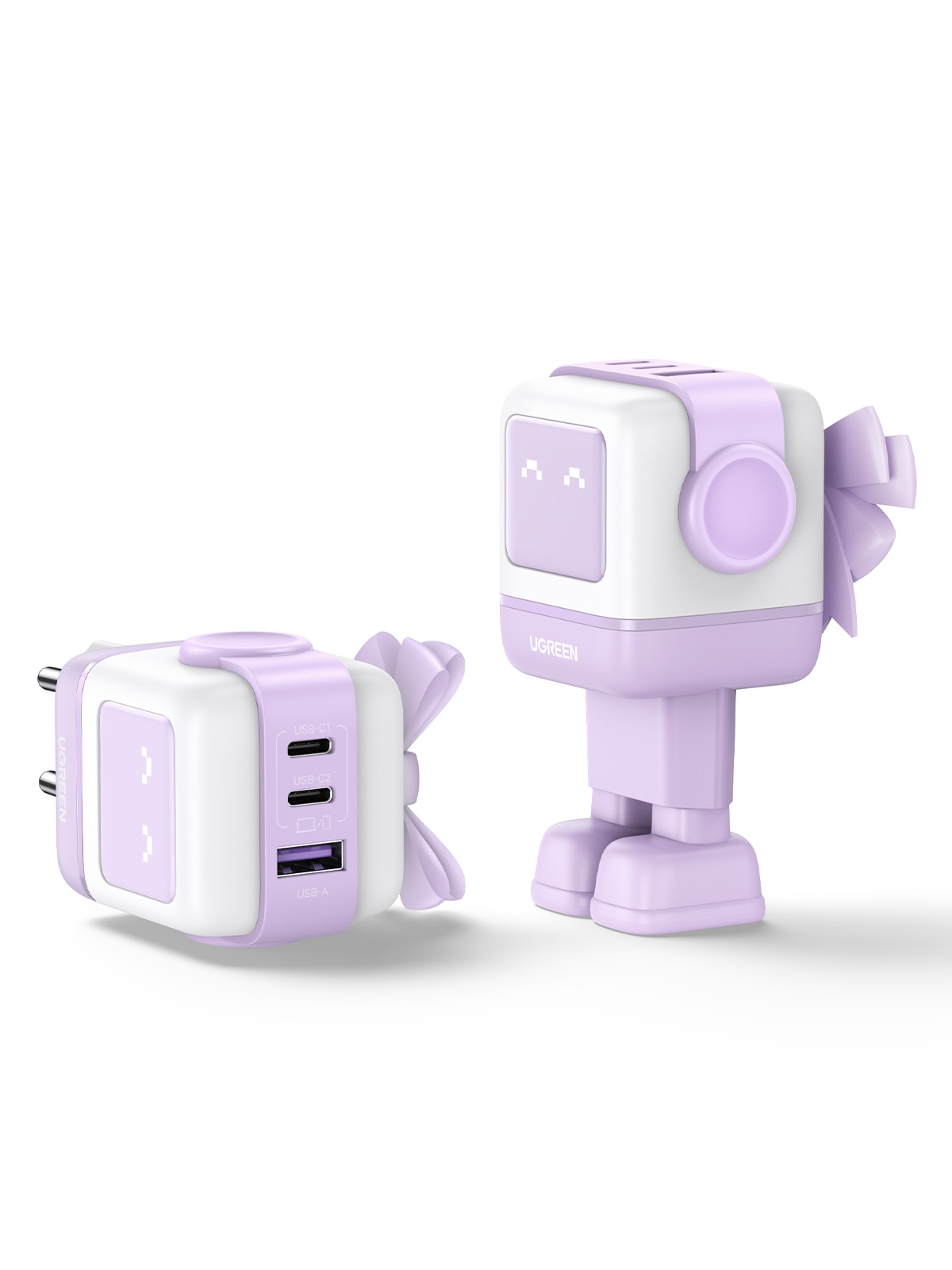 Cargador Ugreen Nexode Robot 65W GaN con 3 puertos: 2 USB-C y 1 USB-A con carga rápida, violeta Violeta-4