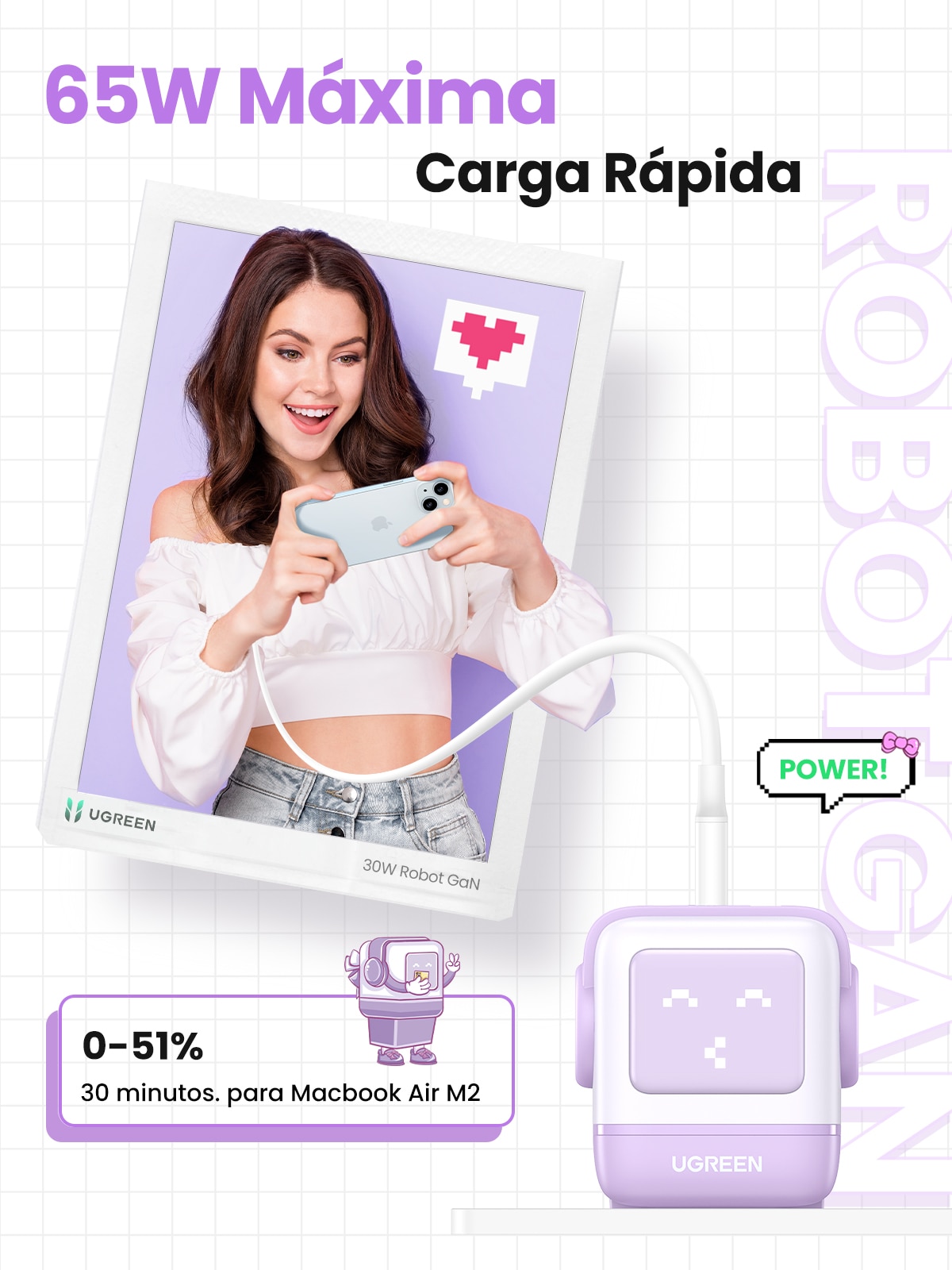 Cargador Ugreen Nexode Robot 65W GaN con 3 puertos: 2 USB-C y 1 USB-A con carga rápida, violeta Violeta-5