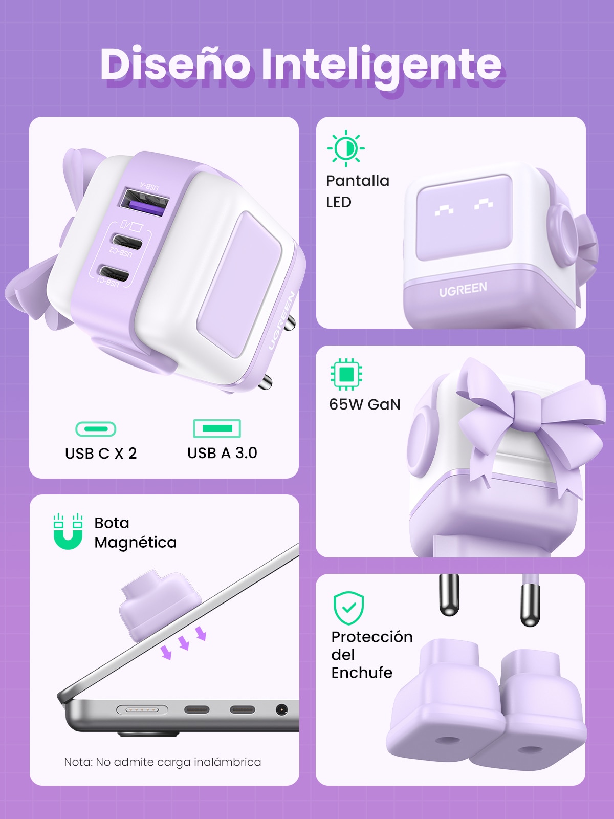 Cargador Ugreen Nexode Robot 65W GaN con 3 puertos: 2 USB-C y 1 USB-A con carga rápida, violeta Violeta-7