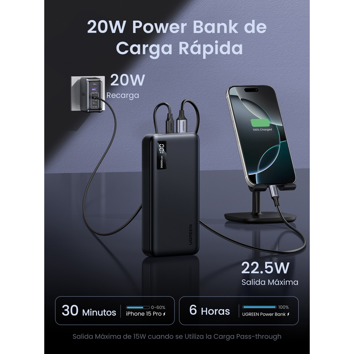 Batería externa Ugreen 20W 20000 mA/h Gris oscuro-4