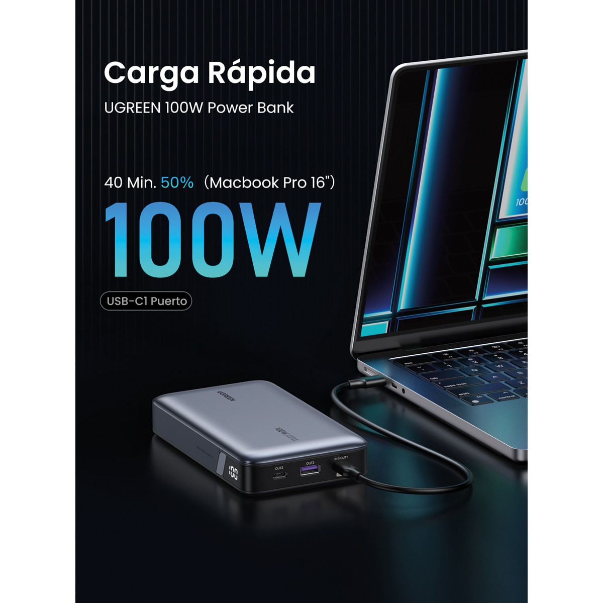 Batería portátil Ugreen Nexode 20000 mA/h 100W Gris oscuro-4