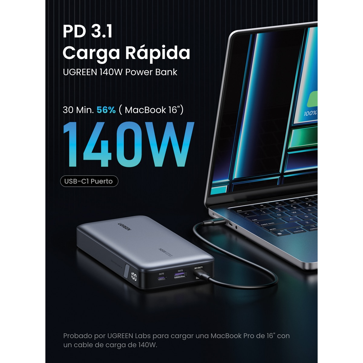 Batería portátil Ugreen Nexode 25000 mA/h 145W Gris oscuro-4