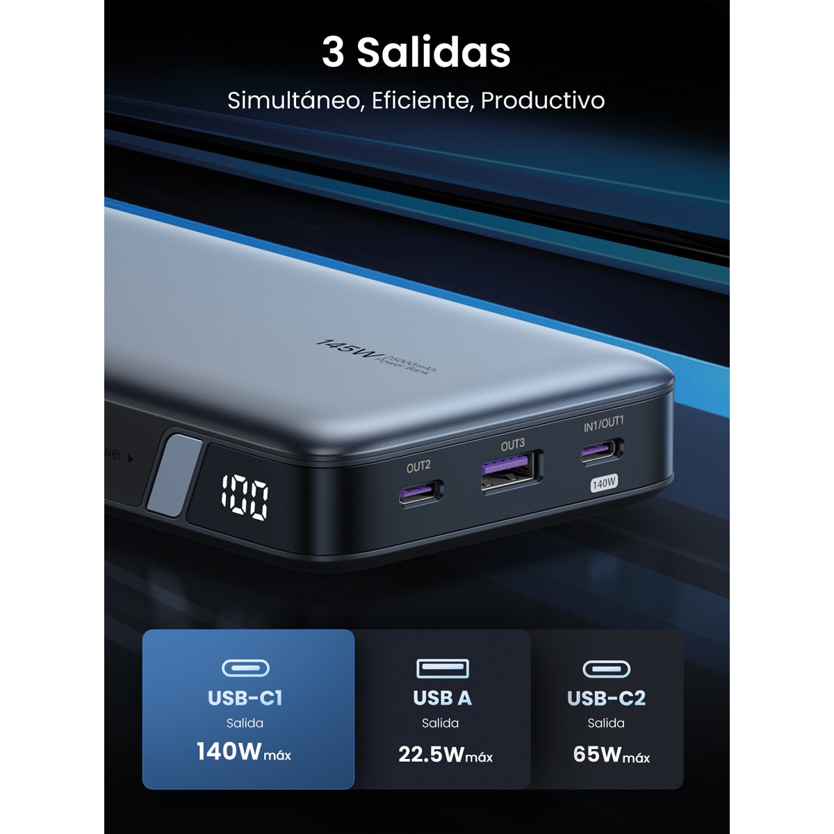 Batería portátil Ugreen Nexode 25000 mA/h 145W Gris oscuro-6