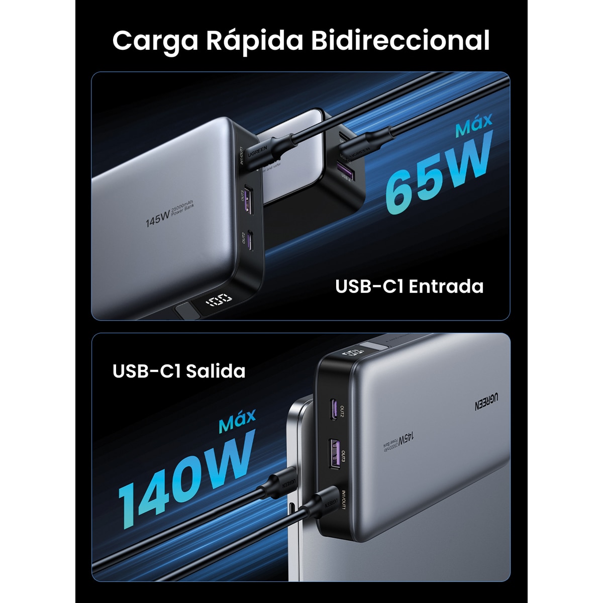 Batería portátil Ugreen Nexode 25000 mA/h 145W Gris oscuro-8
