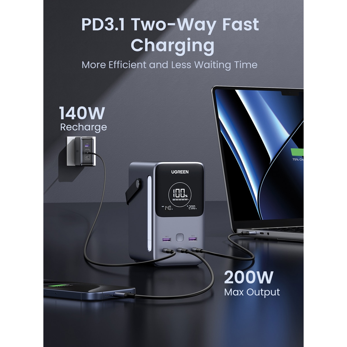 Batería portátil Ugreen 300W 48000 mA/h Gris oscuro-4
