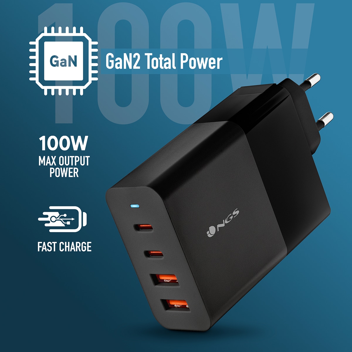 Cargador NGS BUD 100W 2xUSB-C GaN Negro-5
