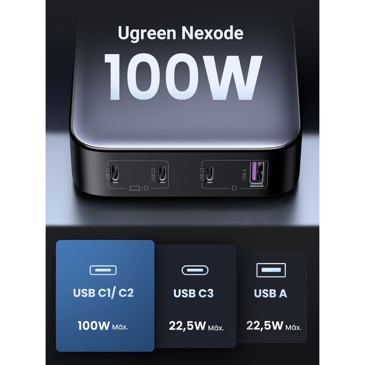 Cargador de escritorio UGREEN Nexode 100W, GaN, 4 puertos Gris-2