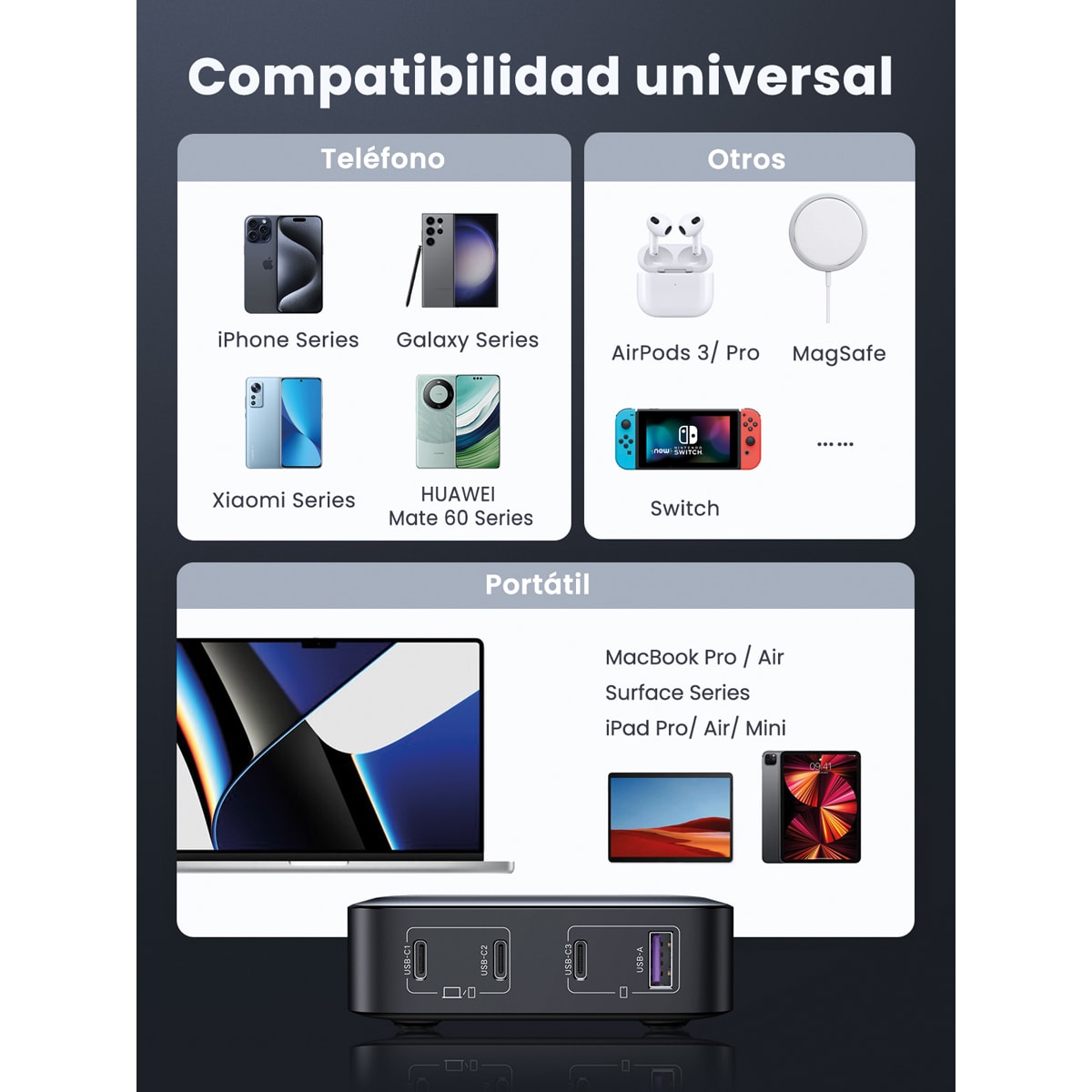 Cargador de escritorio UGREEN Nexode 100W, GaN, 4 puertos Gris-4