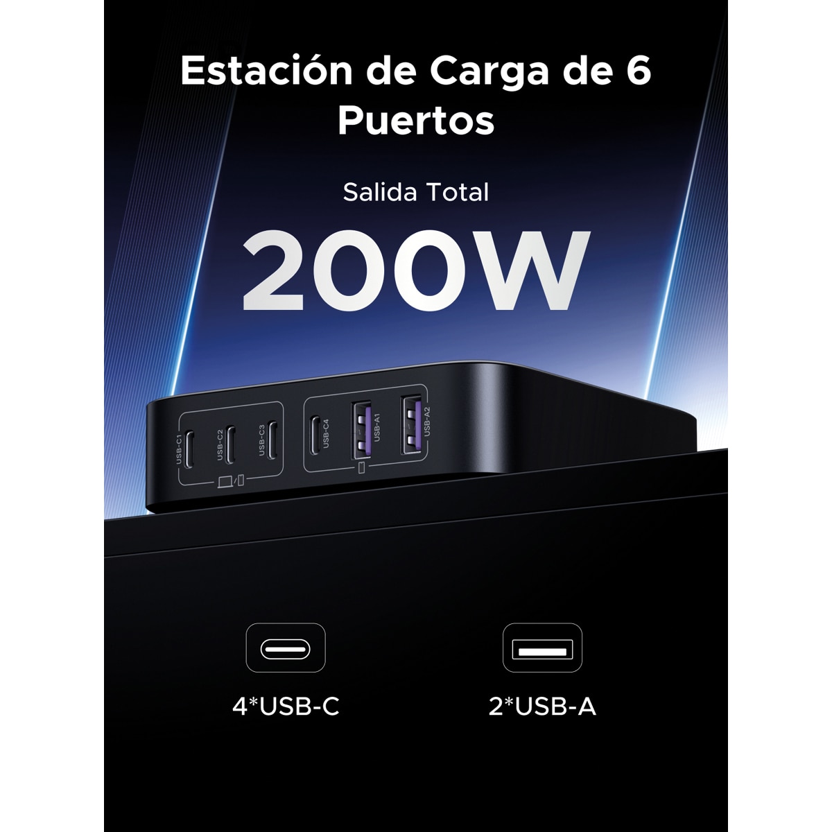 Cargador de escritorio UGREEN Nexode 200W, GaN, 6 puertos Gris-3
