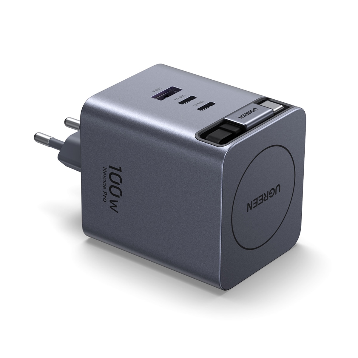 Imagem 0 de Carregador rápido Ugreen GaN de 100 W, 2 USB-C e 1 USB-A com cabo USB-C retrátil