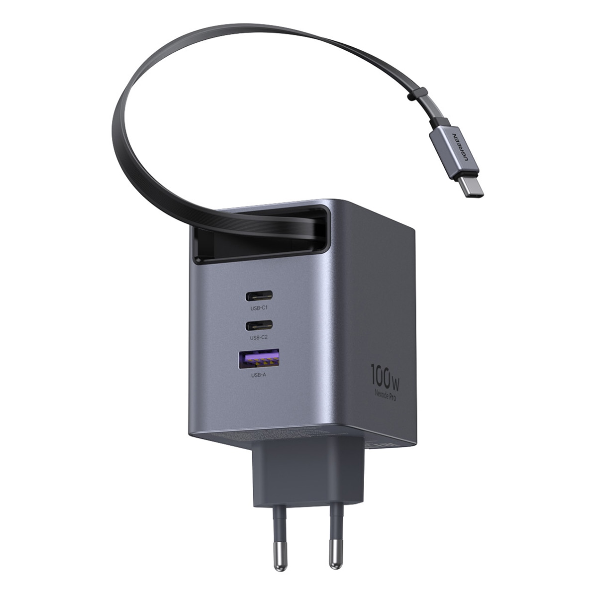 Cargador rápido Ugreen GaN de 100W, 2 USB-C y 1 USB-A con cable USB-C retráctil Gris-2