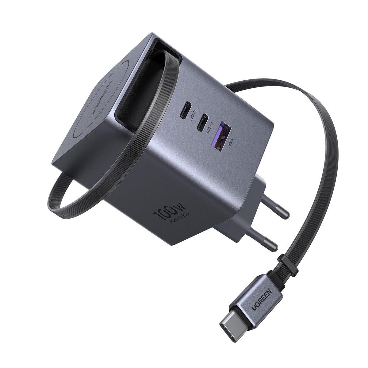 Cargador rápido Ugreen GaN de 100W, 2 USB-C y 1 USB-A con cable USB-C retráctil Gris-3