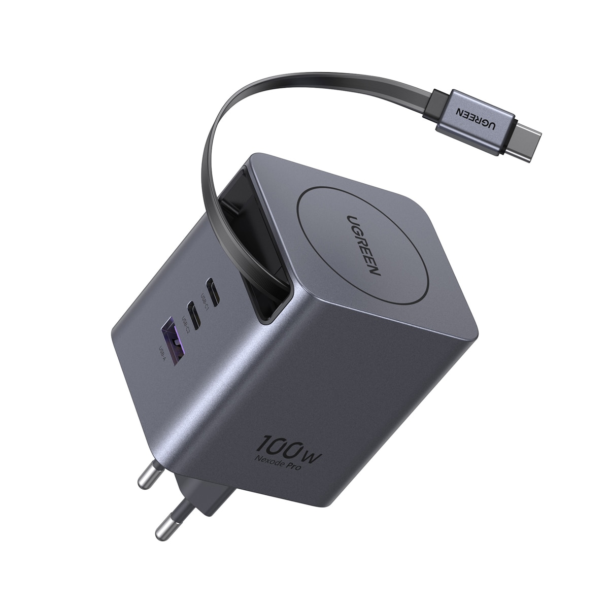 Cargador rápido Ugreen GaN de 100W, 2 USB-C y 1 USB-A con cable USB-C retráctil Gris-4