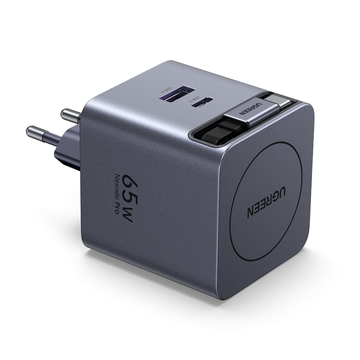 Imagem 0 de Carregador Rápido Ugreen GaN de 65 W, 1 USB-C e 1 USB-A com Cabo USB-C retrátil