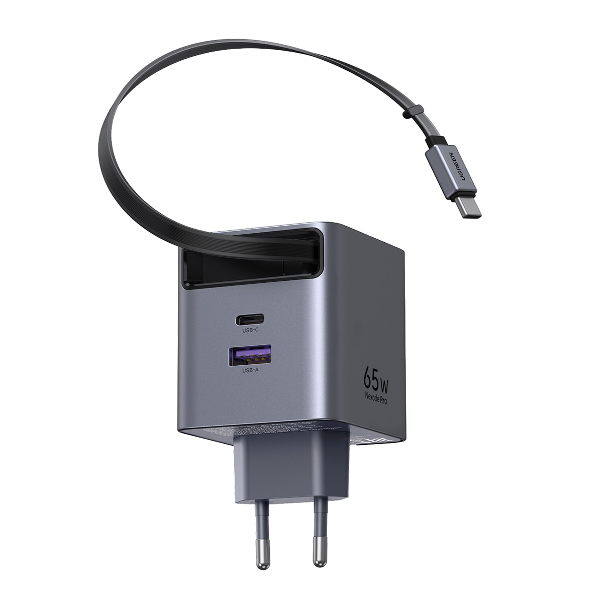 Cargador rápido Ugreen GaN de 65W, 1 USB-C y 1 USB-A con cable USB-C retráctil Gris-2