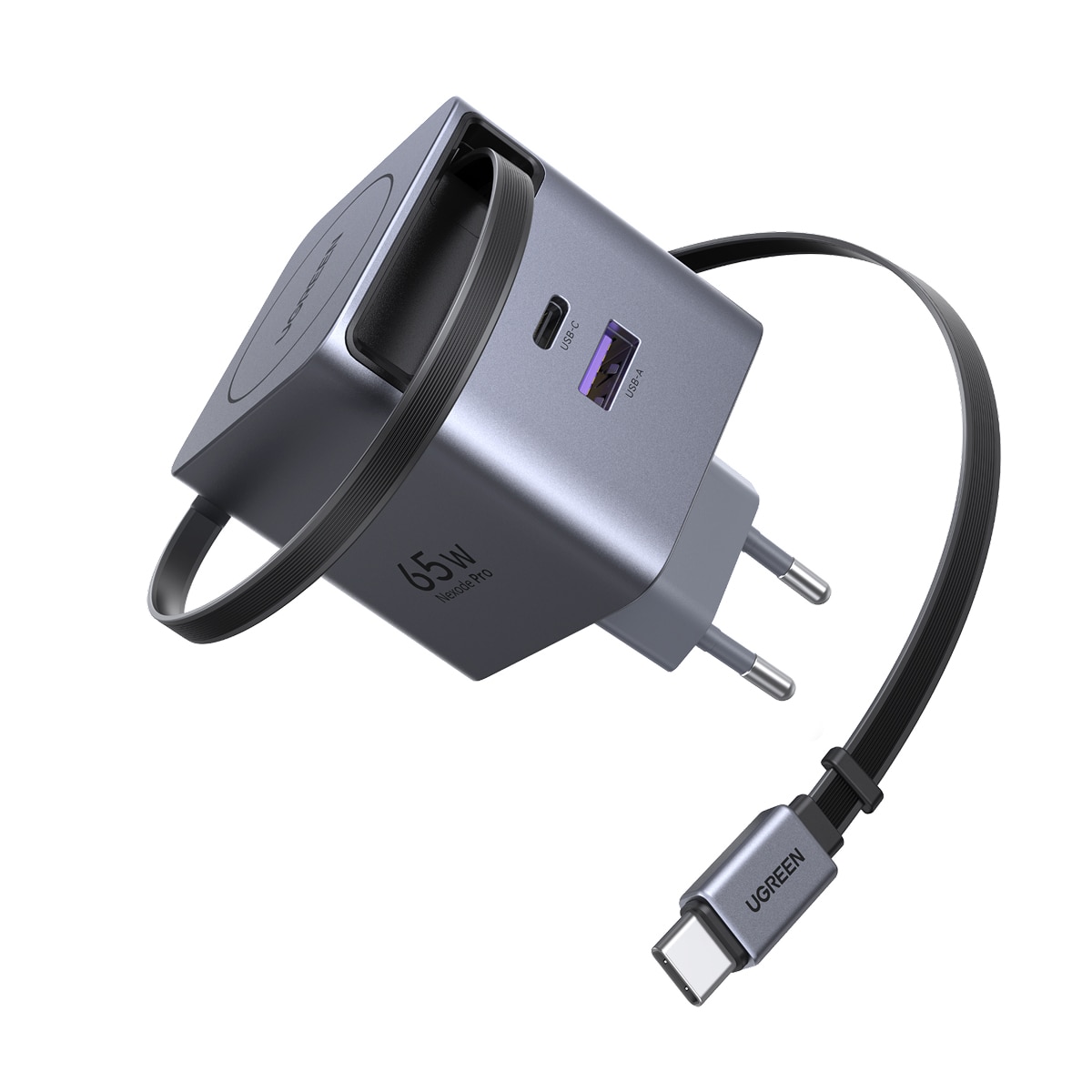 Cargador rápido Ugreen GaN de 65W, 1 USB-C y 1 USB-A con cable USB-C retráctil Gris-3