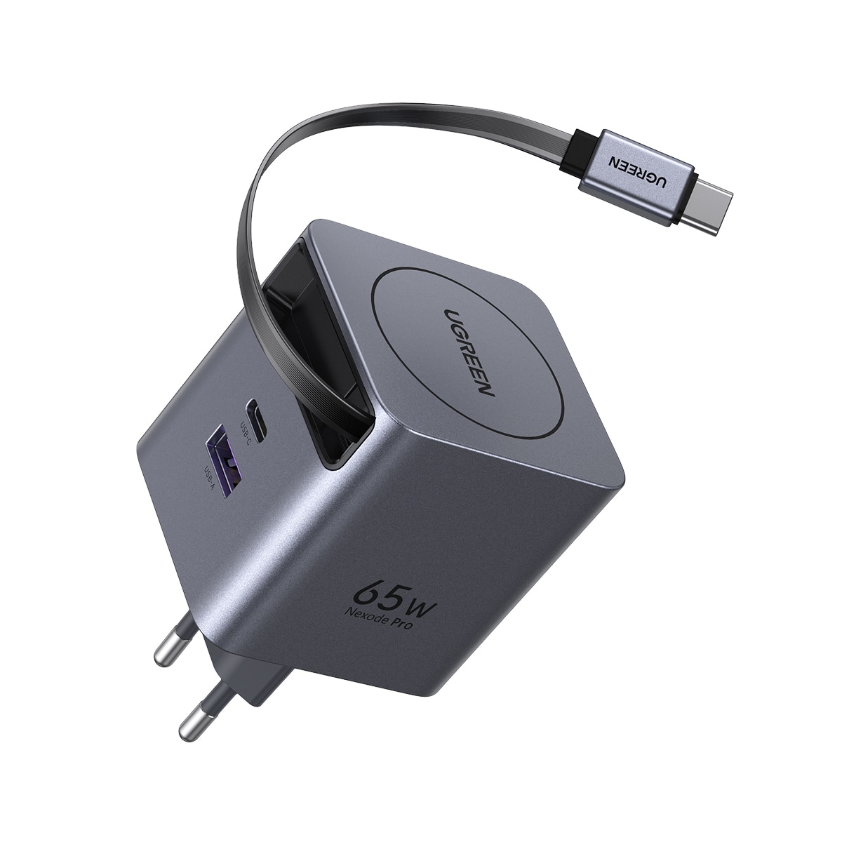 Cargador rápido Ugreen GaN de 65W, 1 USB-C y 1 USB-A con cable USB-C retráctil Gris-4