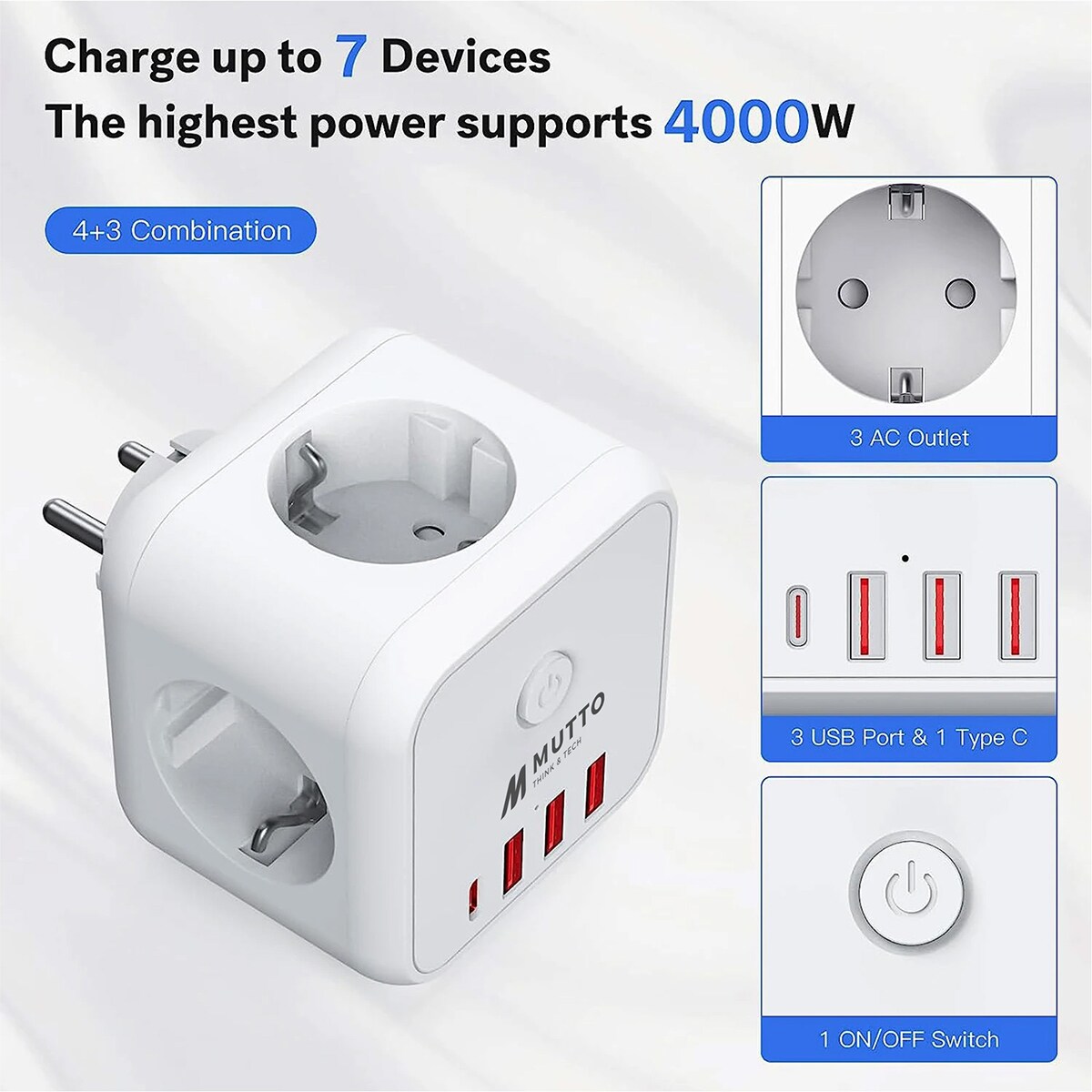 Cargador de red Mutto Cubo hasta 200W Blanco / Gris-2