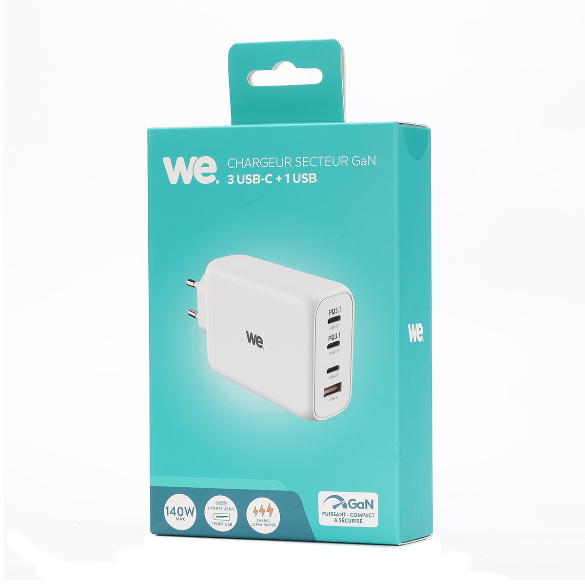 Cargador de red WE GaN de 140W, 4x USB Blanco-2