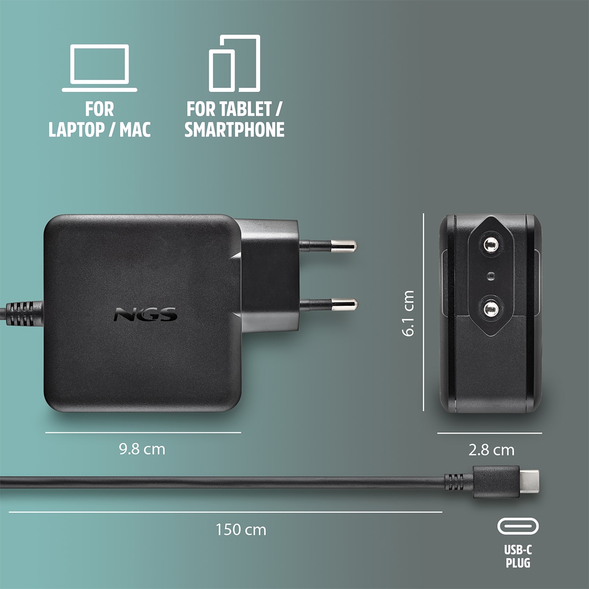 Cargador de pared NGS GAN65W-C para portátiles, tabletas y smartphones Negro-3