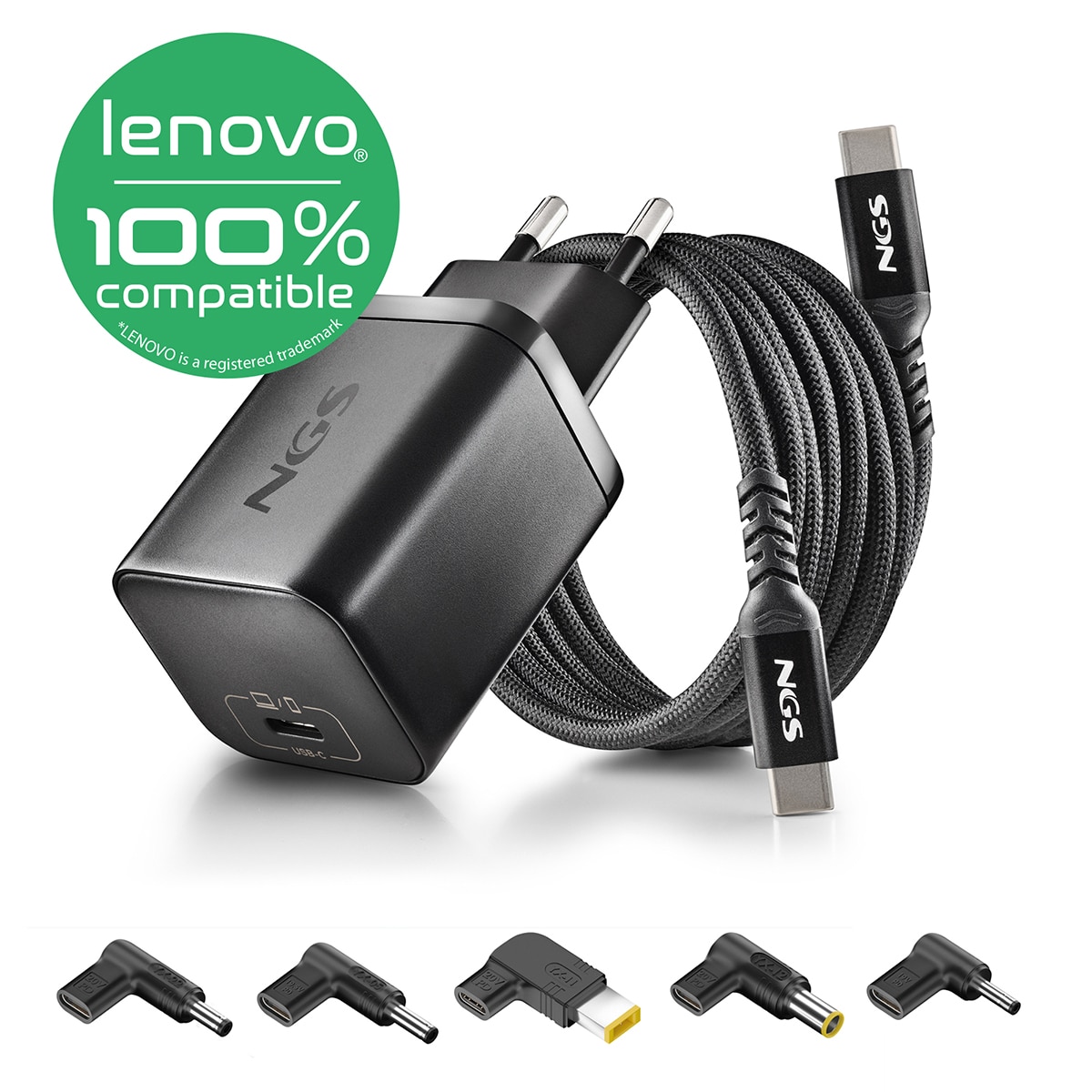 Pack de cargador de pared NGS GAN65W-C + cable USB-C + 5 clavijas para portátiles Lenovo Negro-2