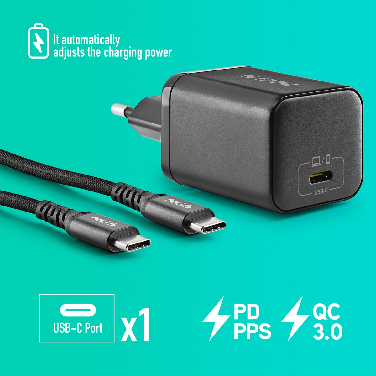 Pack de cargador de pared NGS GAN65W-C + cable USB-C + 5 clavijas para portátiles Lenovo Negro-3