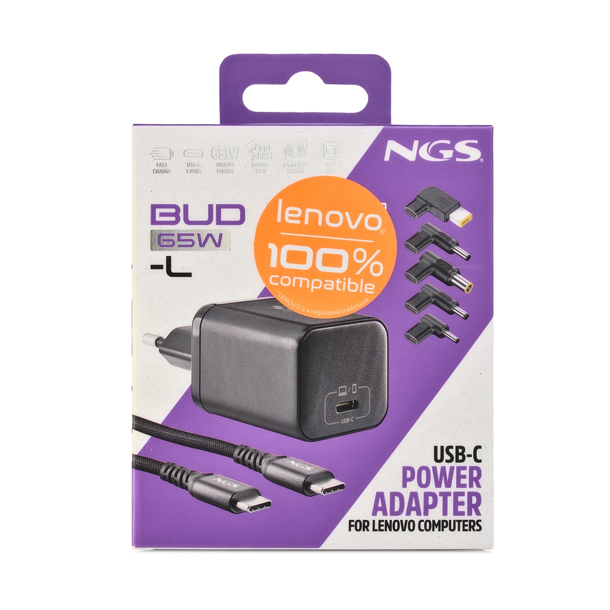 Pack de cargador de pared NGS GAN65W-C + cable USB-C + 5 clavijas para portátiles Lenovo Negro-12