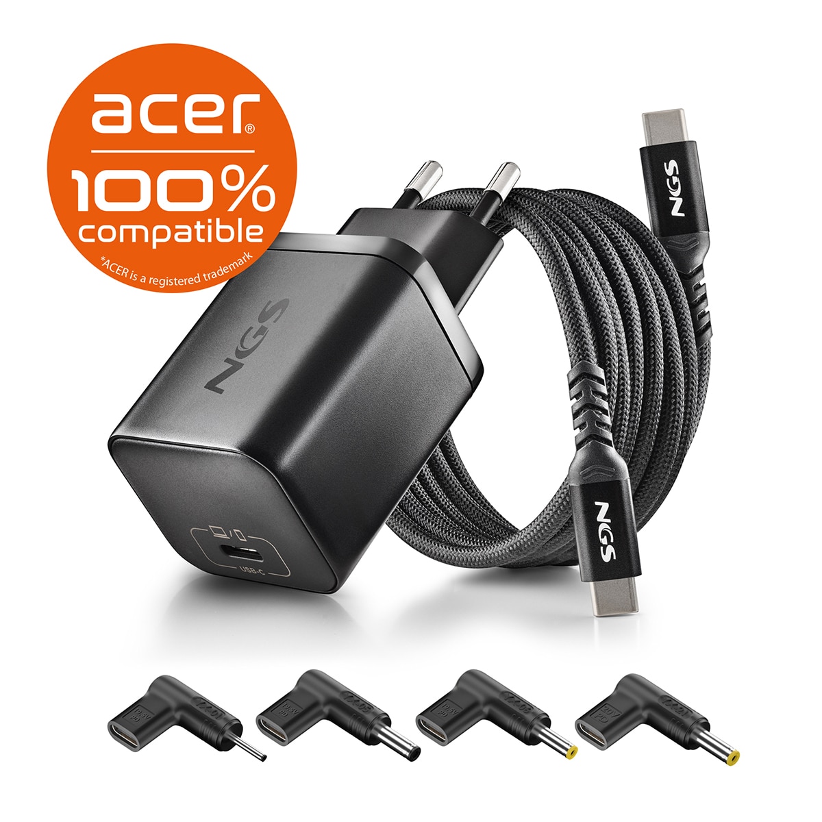 Pack de cargador de pared NGS GAN65W-C + cable USB-C + 5 clavijas para portátiles Acer Negro-2