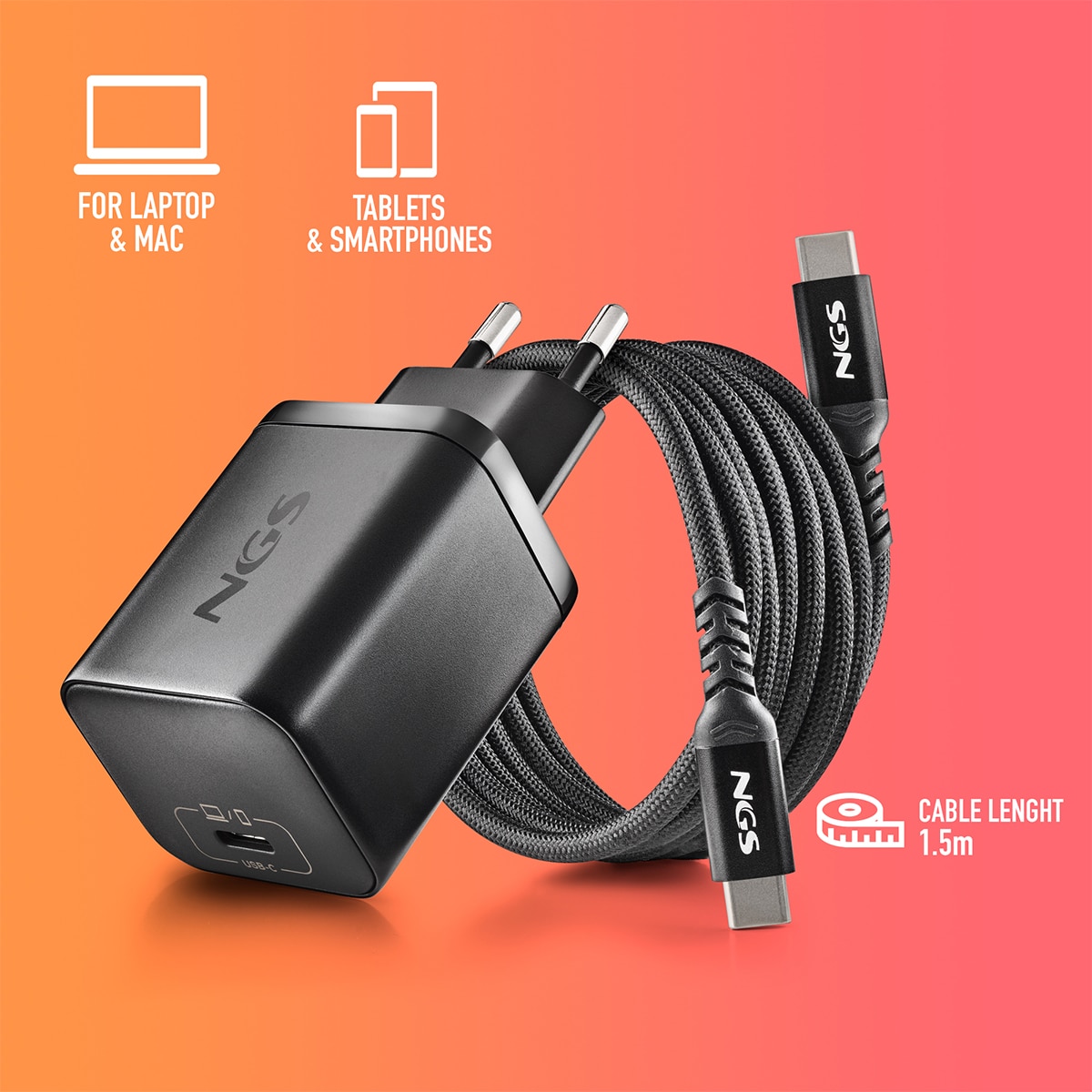 Pack de cargador de pared NGS GAN65W-C + cable USB-C + 5 clavijas para portátiles Acer Negro-3
